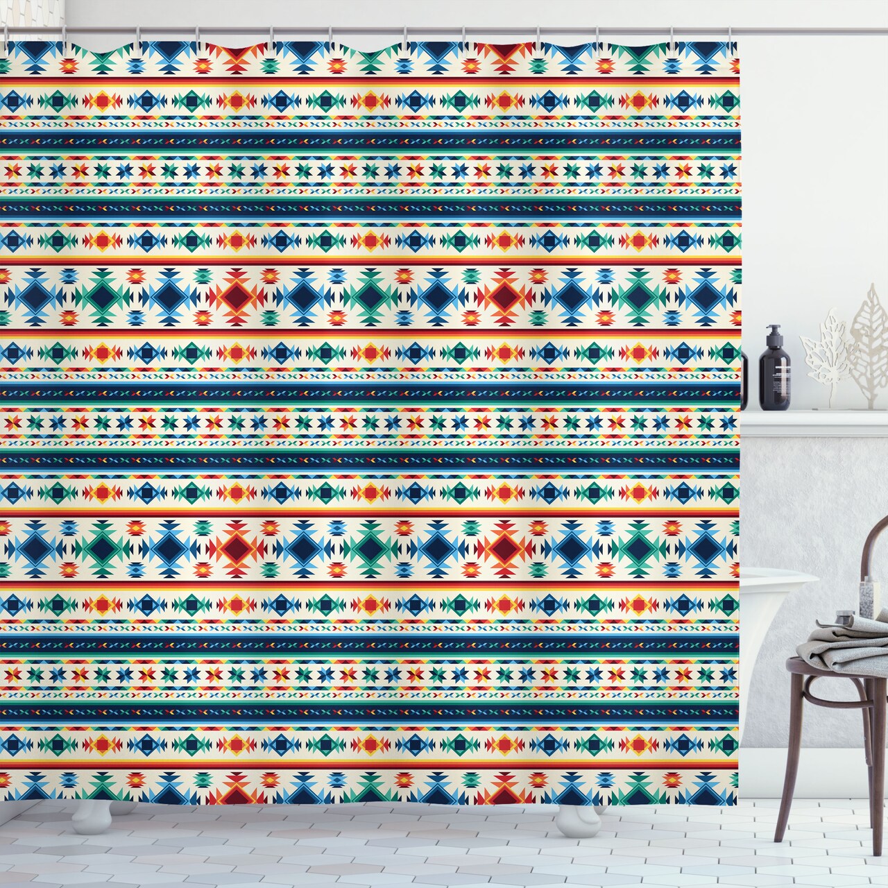 Ambesonne Abstract Shower Curtain, Tribal Abstract Seamless Aztec Geometrical Prehistoric Pattern, Cloth Fabric Bathroom Decor Set with Hooks, 69" W x 70" L, Blue White and Orange